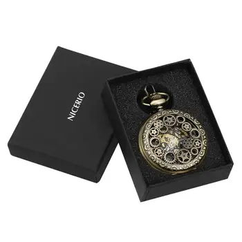 

NICERIO Retro Bronze Skeleton Windup Steampunk Semi-Auto Mechanical Roman Numerals Pocket Watch with Fob Chain