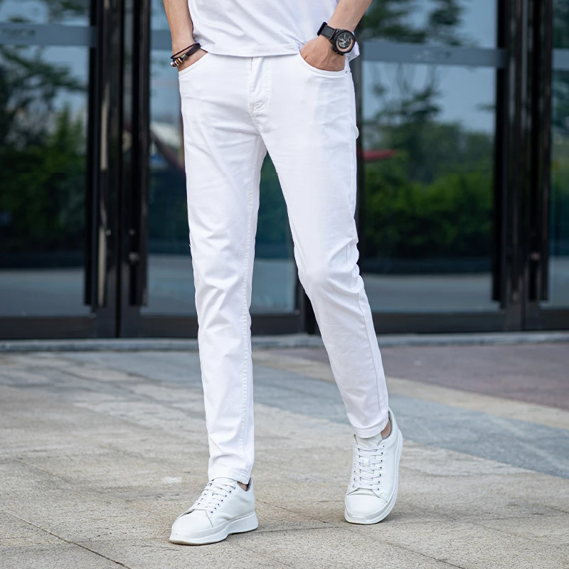 Pure cotton Men White Jeans Fashion Casual Classic Style Slim Fit Soft Trousers Male Brand Advanced Stretch Pants biker jeans