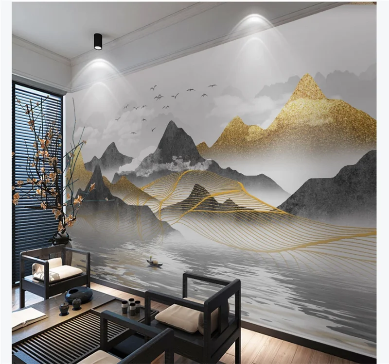 Custom wallpaper mural new Chinese abstract light luxury mood golden landscape background wall- waterproof material