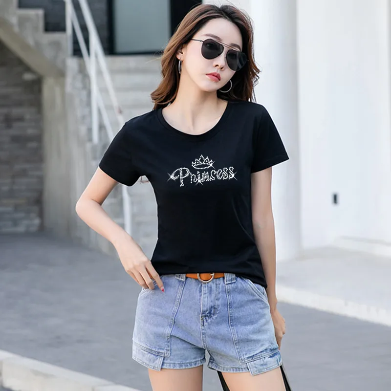 2021 Cotton Summer Tees Tops Diamond Woman Plus Size Short Sleeve Oversized T shirt Big Girls Clothing Tshirt Black Red Yellow | Женская