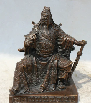 

150610 S1321 9" China Bronze Feng Shui knife Guan Gong Yu Warrior God knight look book Statue