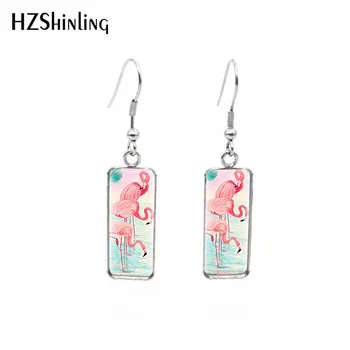 

2020 New Pink Flamingo Earring Photo Rectangular Earring Flowers Birds Hook Earrings Glass Dome Jewelry
