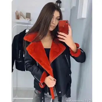 

women winter pu faux leather fleece jackets 2019 fashion girl ladies double weared fur female warm thick motorcycle jacket coats