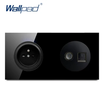 

Wallpad EU French Socket With TV DATA Ethernet RJ45 Crystal Tempered Pure Black Glass Panel Wall Power Socket Outlet