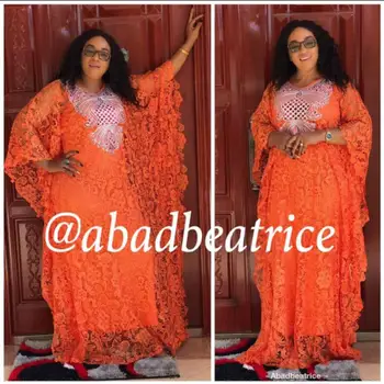 

bust 148 cm New African women's Dashiki Water-soluble lace loose skirt with Sequins beads embroidery long dress & underlining