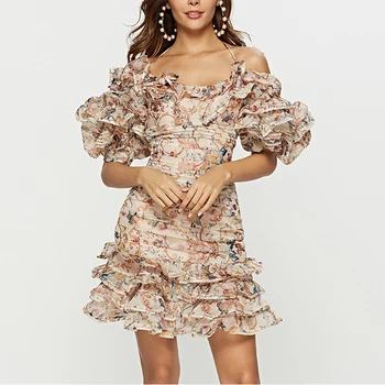 

Ruffle Halter Pleated Backless Summer Chiffon Women Dress Beach Organza Print Bohemia Elegant Short Mini Dress Vacation Vestidos