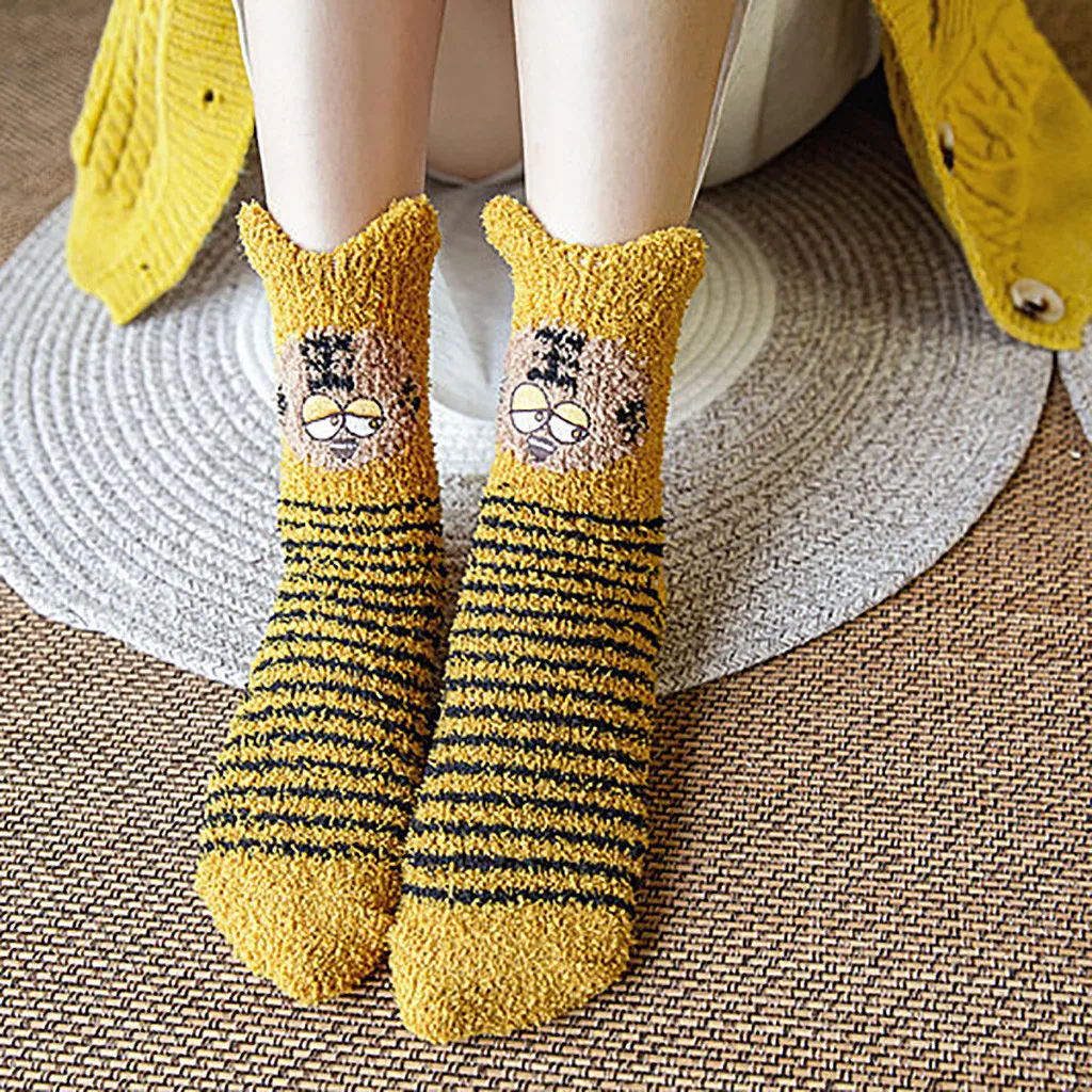 LNCDIS, женские носки, хлопковые, зимние, Harajuku, в полоску, забавные, милые, коралловые, плотные, высокие, мягкие, пушистые, средней длины, теплые, носки-тапочки, набор