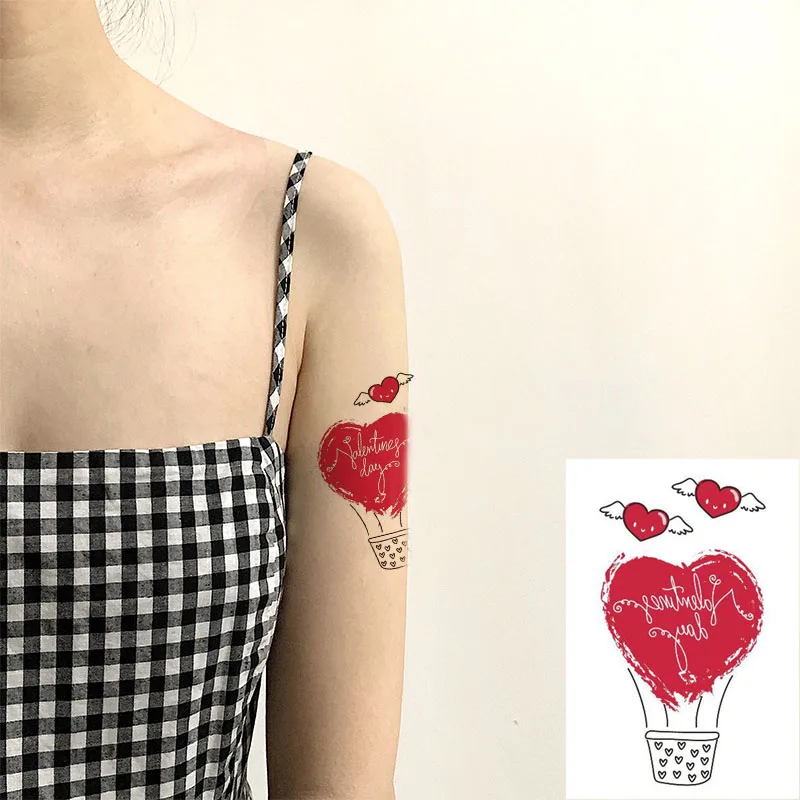 Waterproof Temporarytatoo Sticker Couple Red Heart Hot Air Balloon Wing Art Tattoo Watertransfer Fake Flash Tatto For Man Women