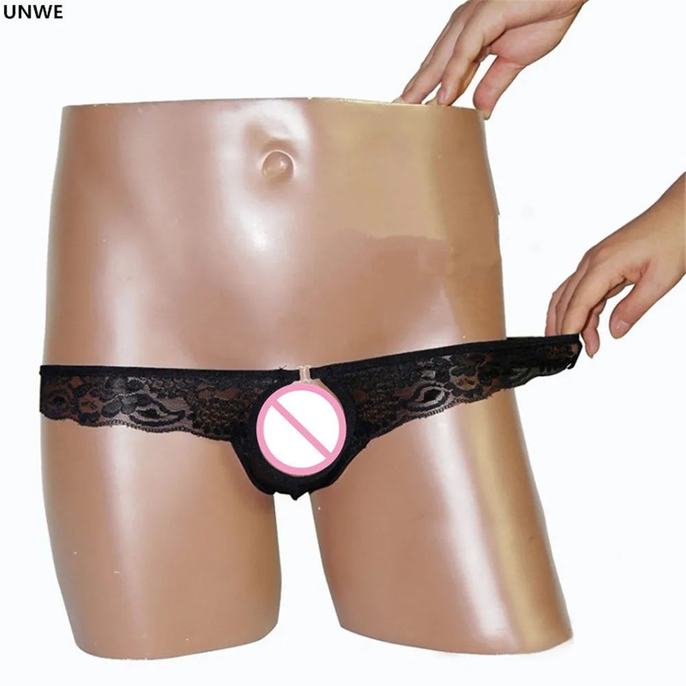 

UNWE Open Crotch Men Underwear Sissy Lace Men's Gay Thong Underwear Front Hole U Convex Transparent Mesh Men's Sexy Underwear