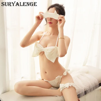 

SURYALENGE female sexy lingerie sexy butterfly suit black and white two-color removable halter design underwear sexy uniform