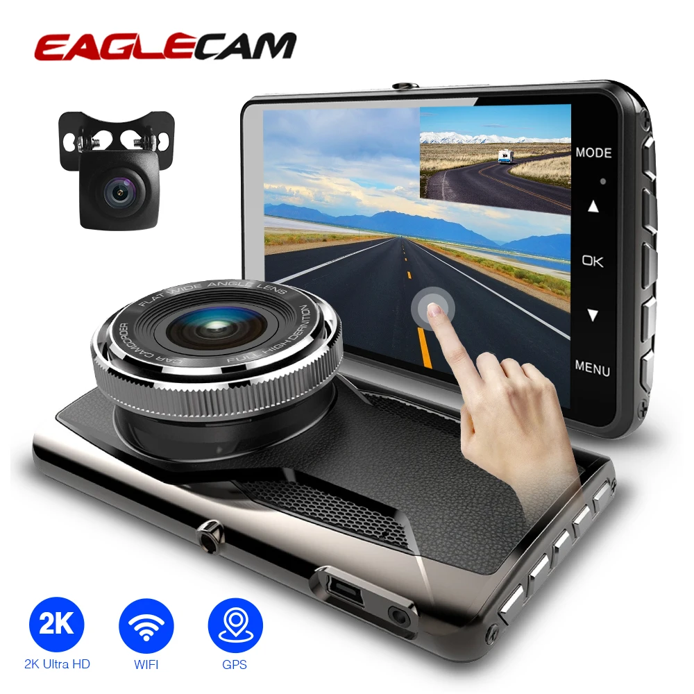 Full HD 2K 4 0 &quotсенсорный экран Экран Двойной объектив с заднего Камера тире 1440P GPS и