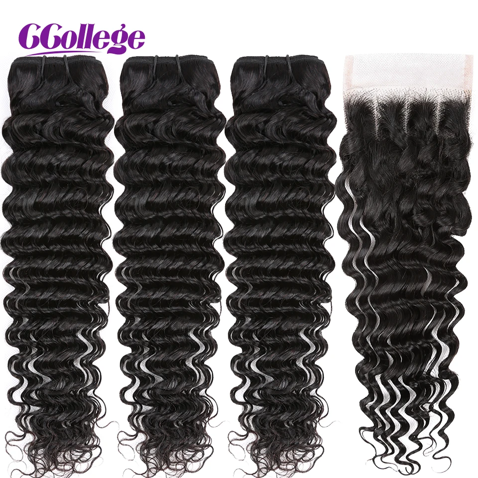

Peruvian Deep Wave Bundles With Closure 3 Bundles With 4*4 Inch Lace Closure Non Remy Human Hair Weave Natural Color