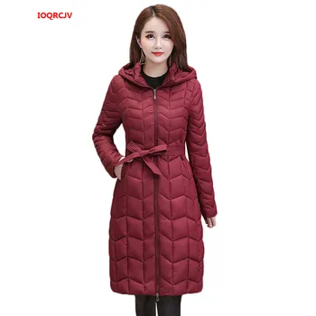 

New Winter Jacket Women Long Parka Coat Women Fashion Ultra Light Slim Belt Hoodies Cotton Padded Outerwear Plus Size 3XL W1370