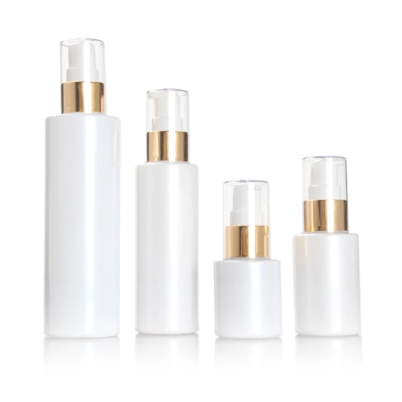 

100pcs Empty 20ml 30ml 60ml 100ml 120ml white glass pump lotion spray bottle gold color lids