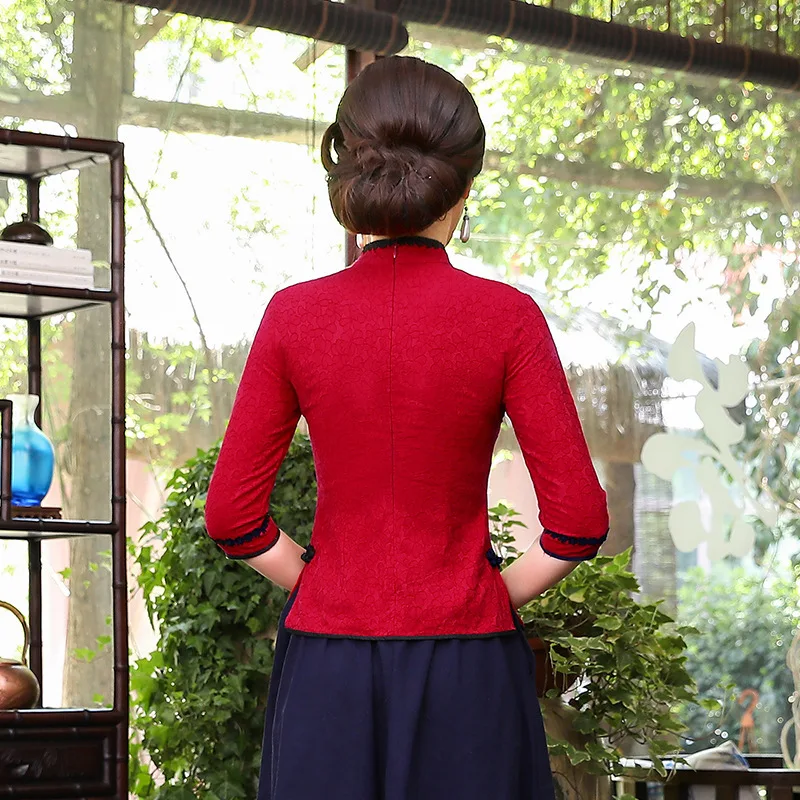 Женская кружевная блузка Cheongsam блузка красная кружевная рубашка Ципао восточные топы тонкая традиционная китайская одежда в стиле ретро
