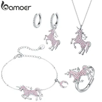 

bamoer 925 Sterling Silver Jewelry Sets Pink Licorne Pendant Necklace for Women Chain Necklaces Earrings Wedding Jewelry ZHS187