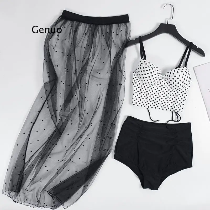 

Three-piece Swimsuit and Cover up Set Women Sexy Bathing Suits High Waist Bikini Swimwear Transparent Lace long Dress
