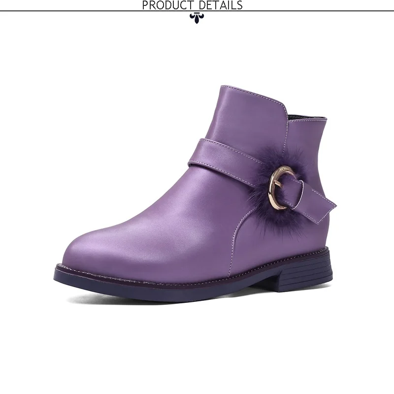 EGONERY/Милая женская обувь на плоской подошве зимние женские ботинки на молнии; Цвет фиолетовый, розовый, красный; ботильоны с круглым носком; Прямая ; размеры 32-39