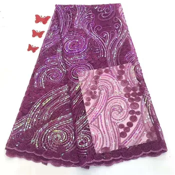 

2019 High-end fashion French Lace Fabric High Quality Purple African Tulle Embroidered flower net Lace Fabric For Wedding