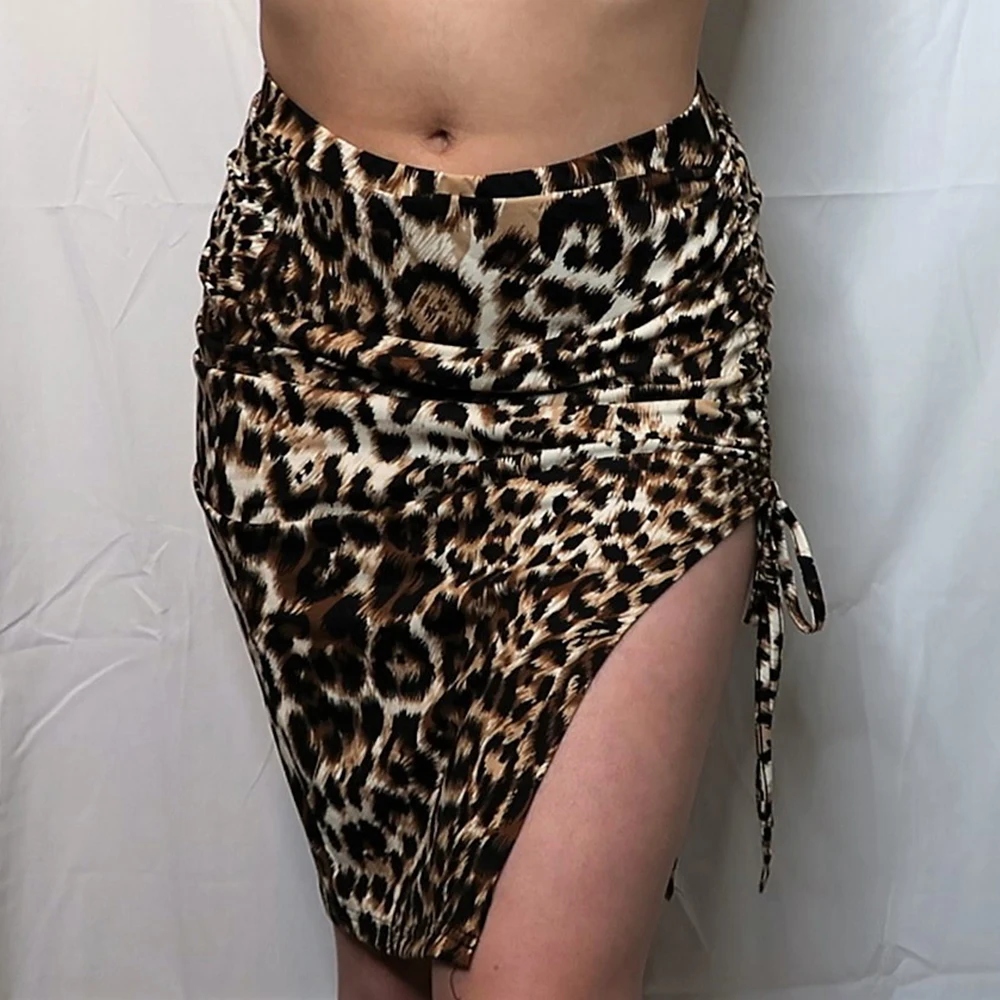 Womens Sexy Skirt Pleated Leopard Printed Skirts Elastic Side Open Skirt Evening Party Night Club High Waist Casual Skirts D30 1