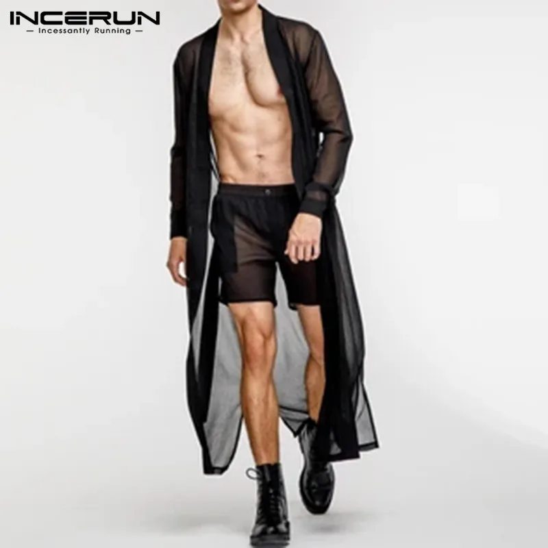 INCERUN Fashion Mesh Men Shirt Sexy Open Stitch Cardigan Streetwear Transparent Casual Long Sleeve Men Long Style Tops Cloak 5XL INCERUN Fashion Mesh Men Shirt Sexy Open Stitch Cardigan Streetwear Transparent Casual Long Sleeve Men Long Style Tops Cloak 5XL