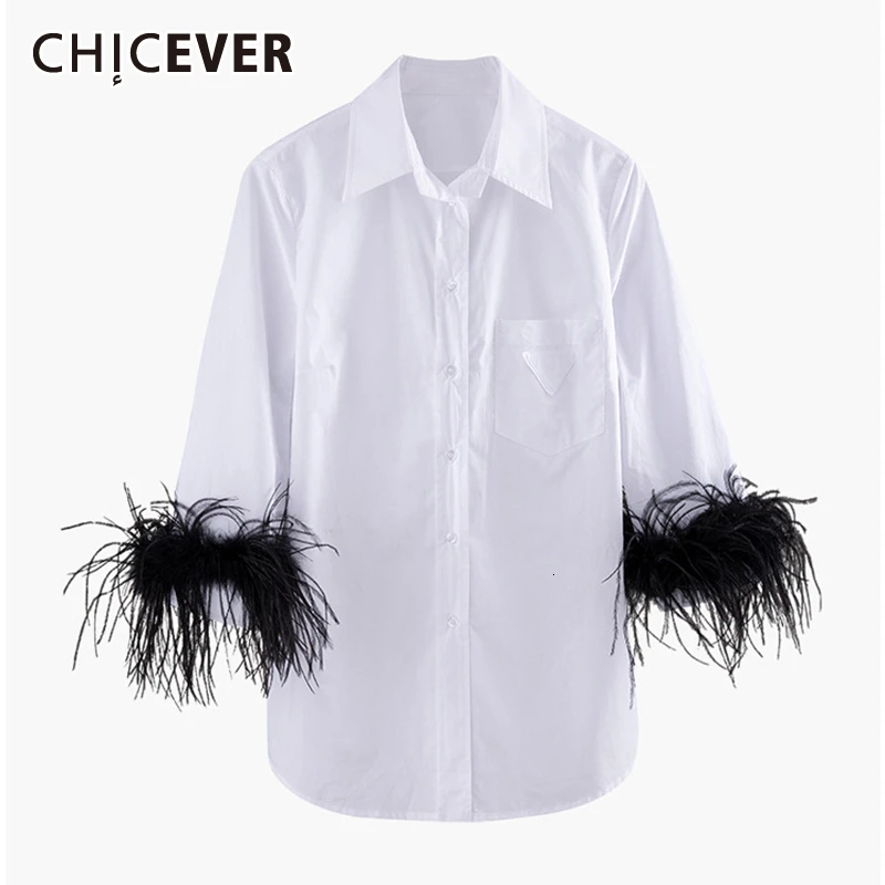 CHICEVER корейский стиль лоскутные женские рубашки с перьями воротник лацканами и