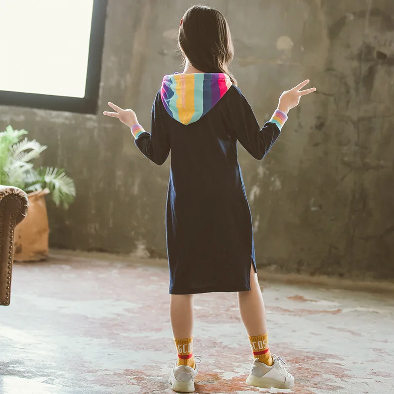 

Autumn New Style Korean-style Big Boy Girls' Shirt T-shirt Solid Color Fashion-Style Article Rainbow Cowboy Long-sleeved Dress C