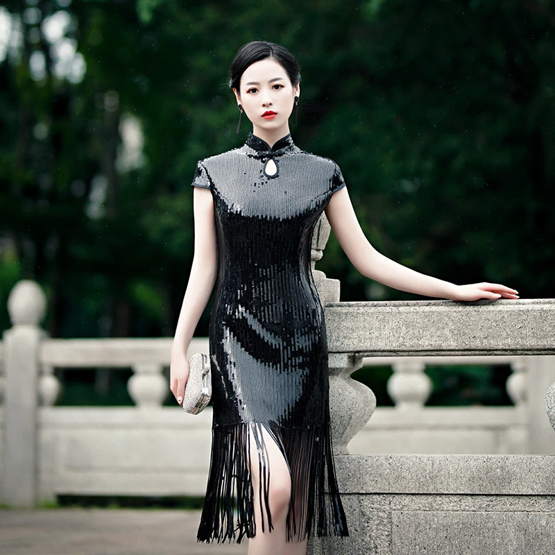 アニメショート スパンコールチャイナドレス 黒 - woomenow.com