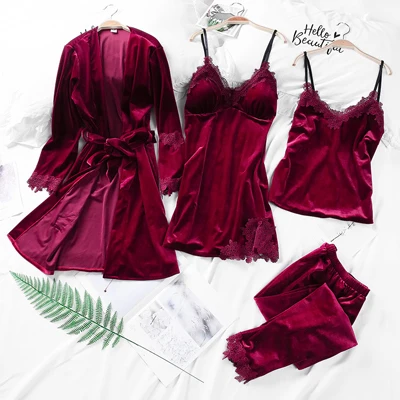 wine red 4piece Сексуальный пижамный комплект, ночное платье-комбинация для женщин, атласная пижама, домашняя одежда, домашняя одежда, вышивка, Пижама для сна - Цвет: wine red 4piece