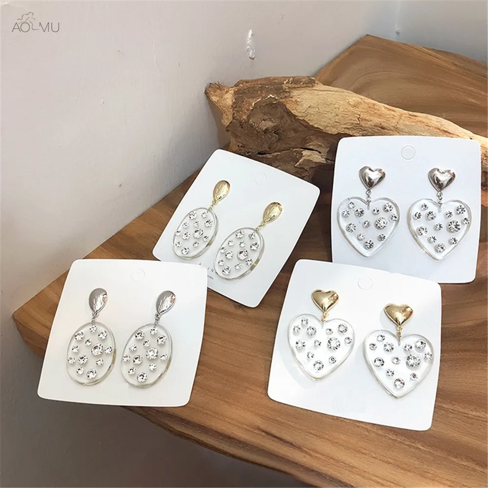 

AOMU Exaggerated Brushed Metal Transparent Geometric Love Oval Acrylic Zircon Drop Earrings for Women Gift Party Wedding Jewelry