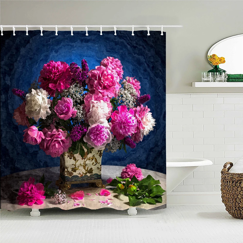 

Colorful Flowers Shower Curtain Bathroom Curtains European Retro Flower Waterproof Polyeste Fabric Bathtub Decor with Hooks