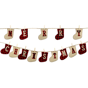 

Merry Christmas Banner Burlap Sock Shaped Christmas Decoration Unique Hand-Sewn Christmas Decor HFing