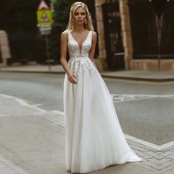 

Verngo Vintage Lace Boho Beach Wedding Dress For Bride 2021 Lace Applique V Neck Floor Length Bridal Gowns Plus Size
