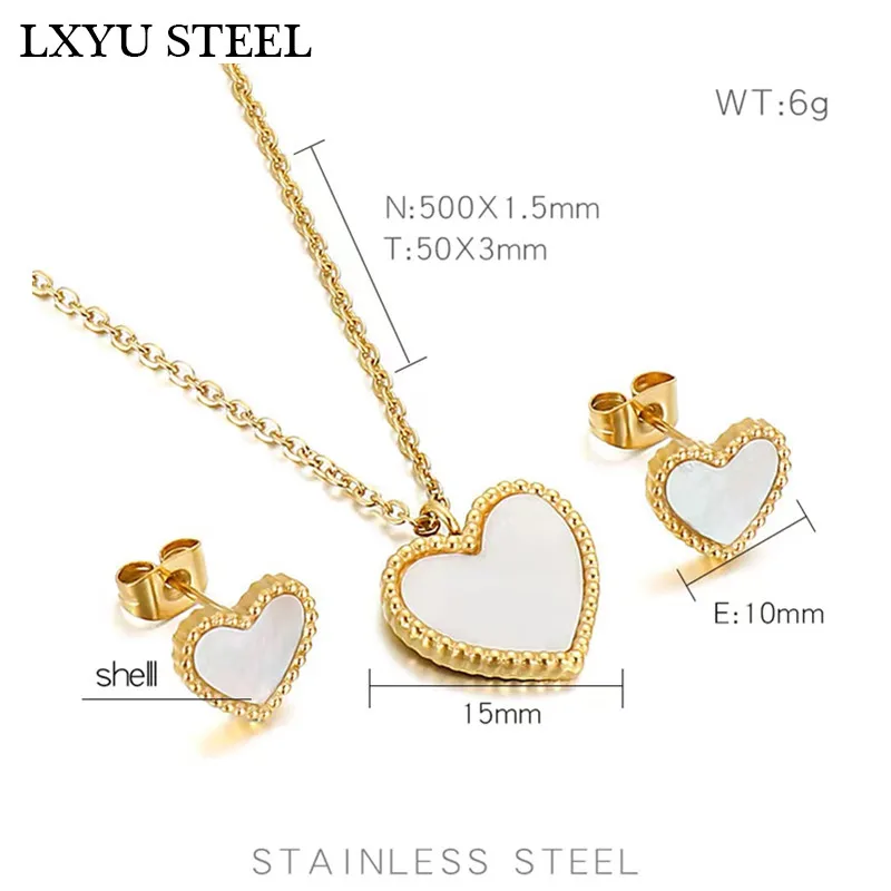 Shell Heart Necklaces Earrings Sets For Women Stainless Steel Gold Heart Earring Lover Choker - Image 2