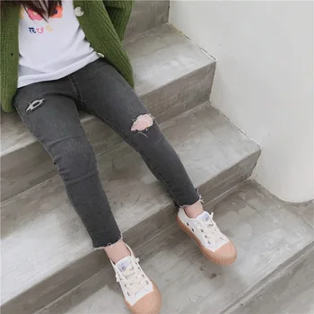 

2 3 4 5 6 7 Y Toddler Girl Jeans Korean Black Hole Denim Pants Elastic Waist Kids Skinny Pants Spring Autumn Child Baby Trousers