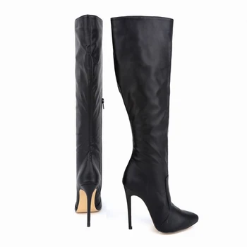

Knee High Boots Women Winter Warm Black Leather Thin High Heels Boots Sexy Ladies Pointed-toe Women Long Shoes Plus Size VT1450