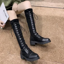 Женские рыцарские высокие сапоги с перекрестной шнуровкой в стиле ретро; высокие сапоги до колена; botas femme; мотоциклетные ботинки martin на толстой платформе; botines