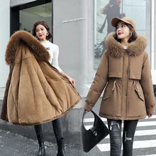 Chaqueta de plumón gruesa para mujer, abrigo cálido de algodón de longitud media coreano, forro polar con Cuello de piel, chaqueta de talla grande Parker de invierno