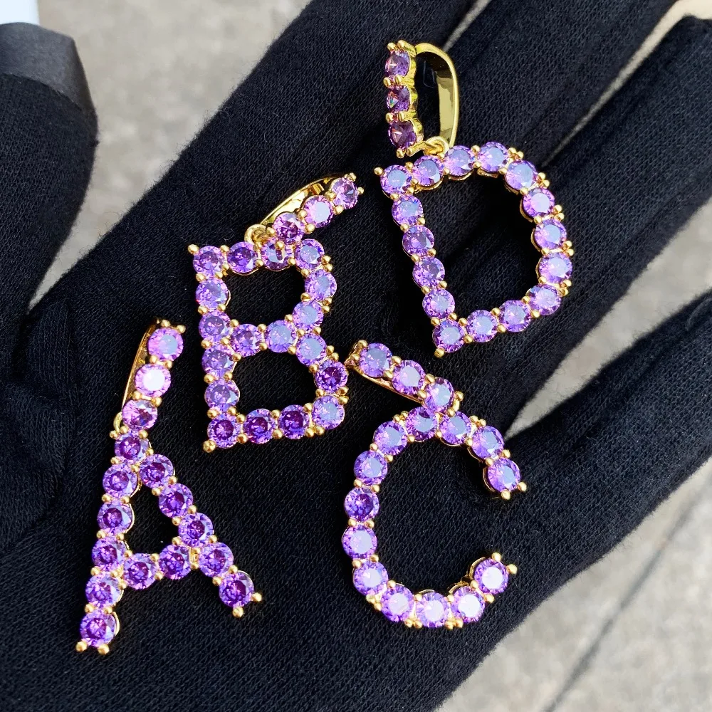 Bling Purple Zircon Tennis Letters Pendant Necklaces For Men/Women Gold Silver Fashiom Hip Hop Jewelry with Rope chain