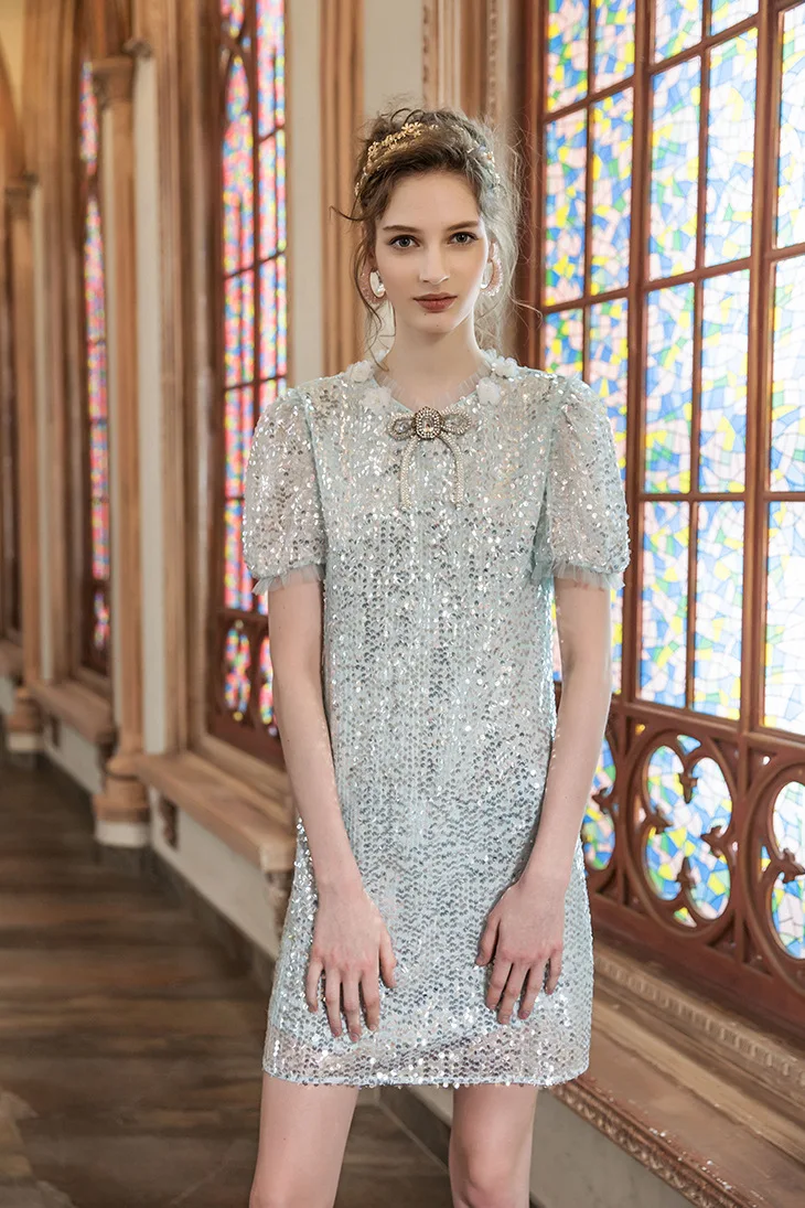 

Designer Marie Elie Xi Summer Sequin Bow Short Sleeve Flower Dress Women's 2018 Spring And Summer New Products