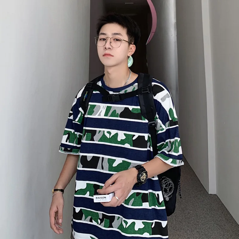 

Camo T Shirt Men Fashion Contrast Color Casual Striped Cotton Tshirt Men Streetwear Hip-hop Loose Short-sleeved T-shirt Man Tops