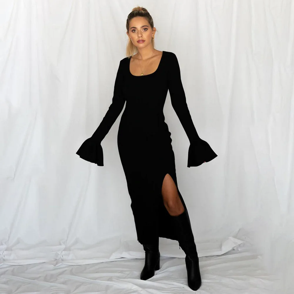 WannaThis Sexy Split Midi Dresses Ribbed Knitted Flare Long Sleeve Skinny Elastic O-neck Elegant Slim Party Long Dress Slit Hem