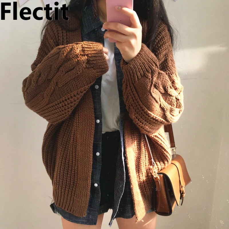 

Flectit Chunky Cable-Knit Open Cardigans Korean Fashion Cardigan Sweater Womens Winter Outfit *