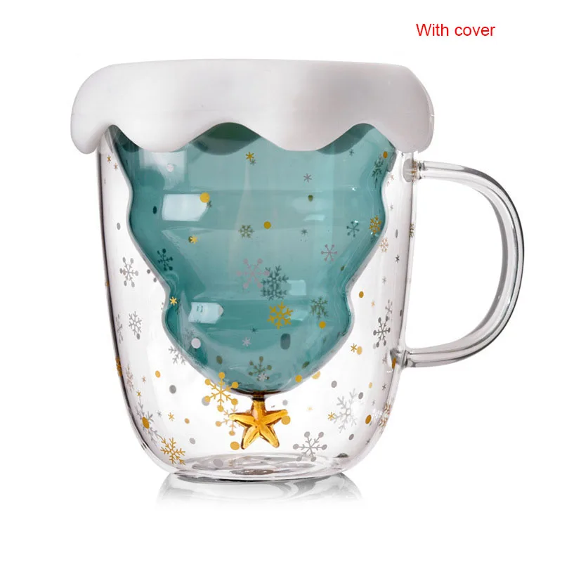 Рождественская елка Звездная чашка креативная 3D прозрачное двойное анти-обжигающее Стекло Рождественская кофейная кружка Молочный Сок чашка детский подарок - Цвет: WITH-COVER