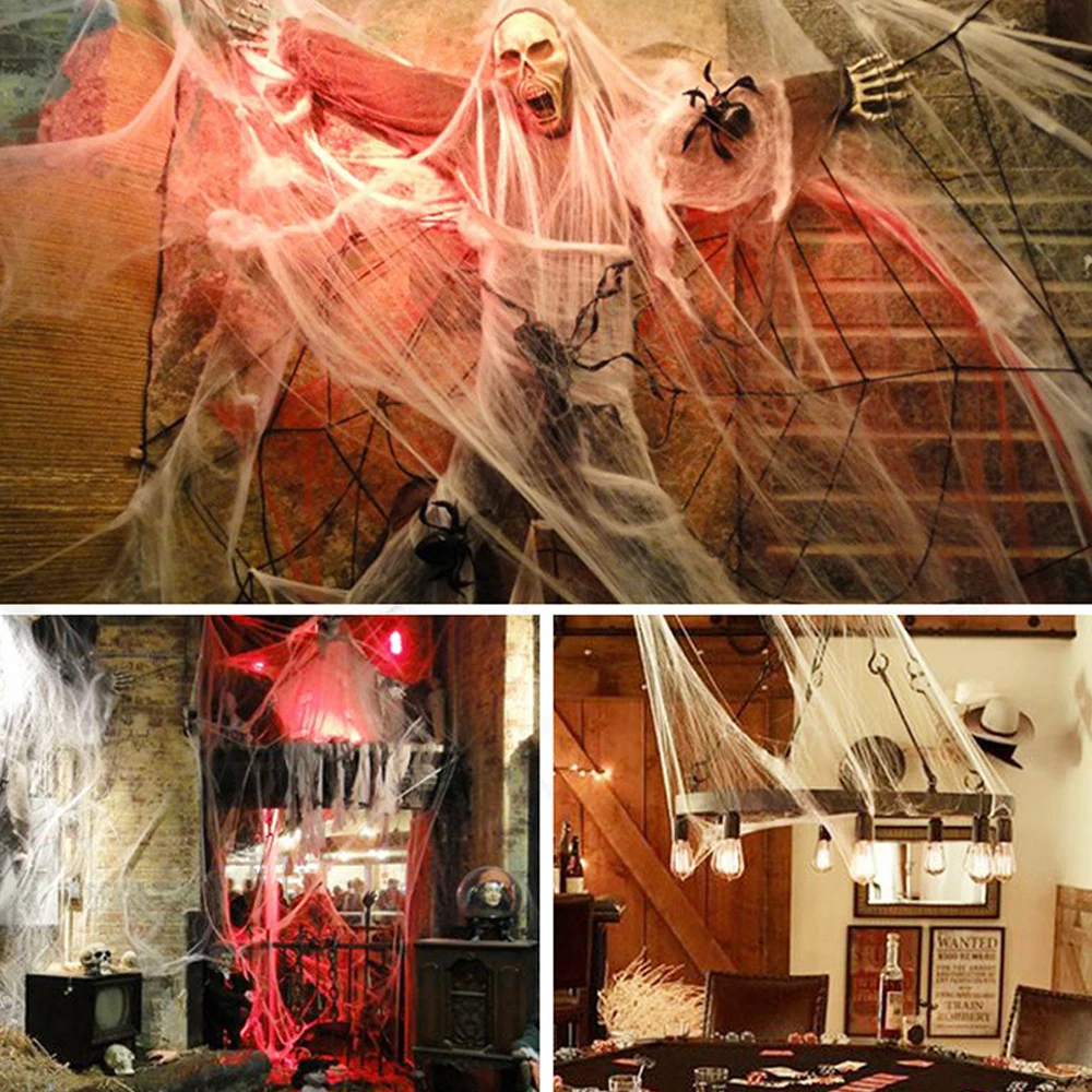 Halloween 20-300g White Spider Web With 2-60pcs Spiders Halloween Decoration Props Stretchy Cobweb Haunted House