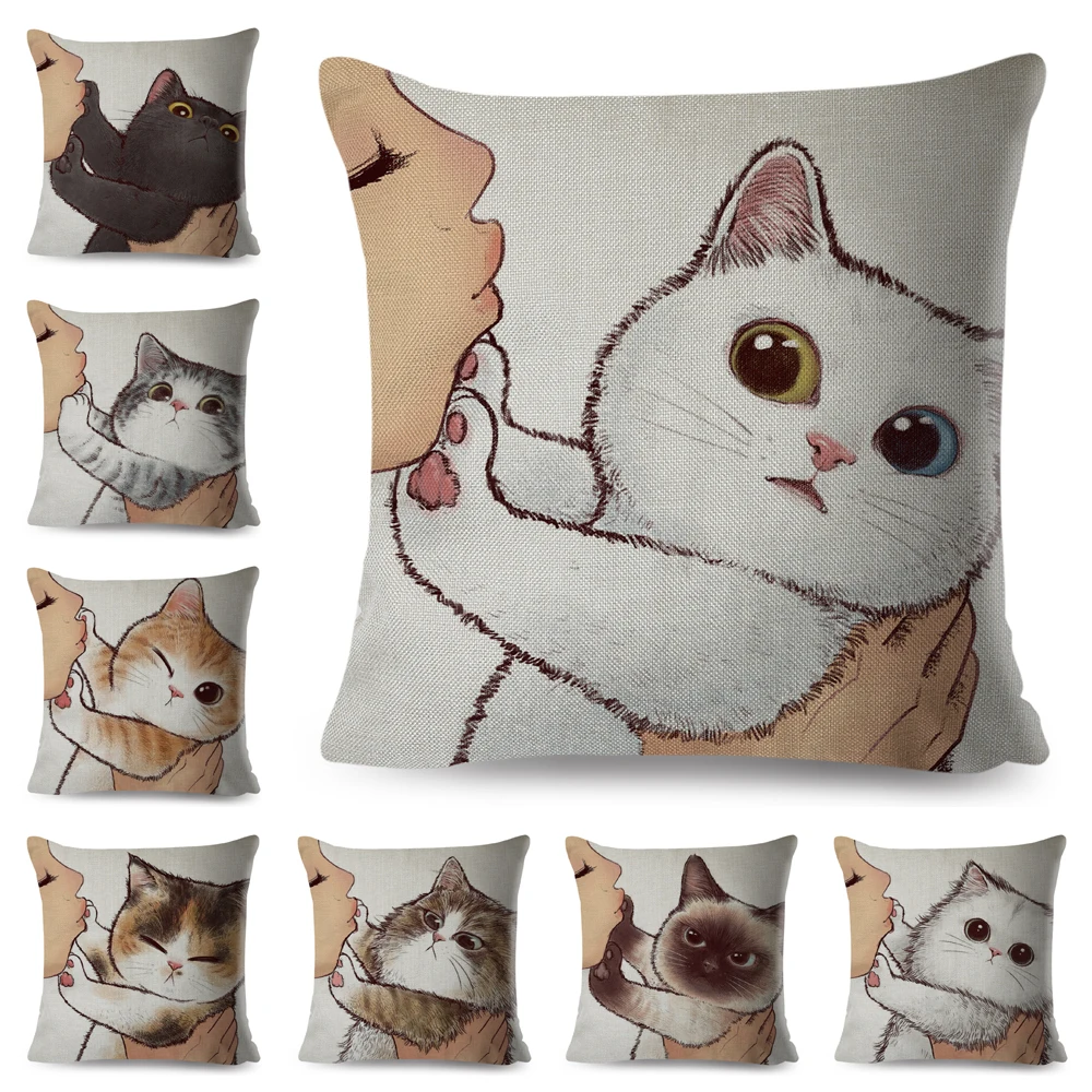 Cases Pillow-Covers Decor Sofa Linen Funny 45x45cm Kiss Cartoon Cute Home Love Cat 