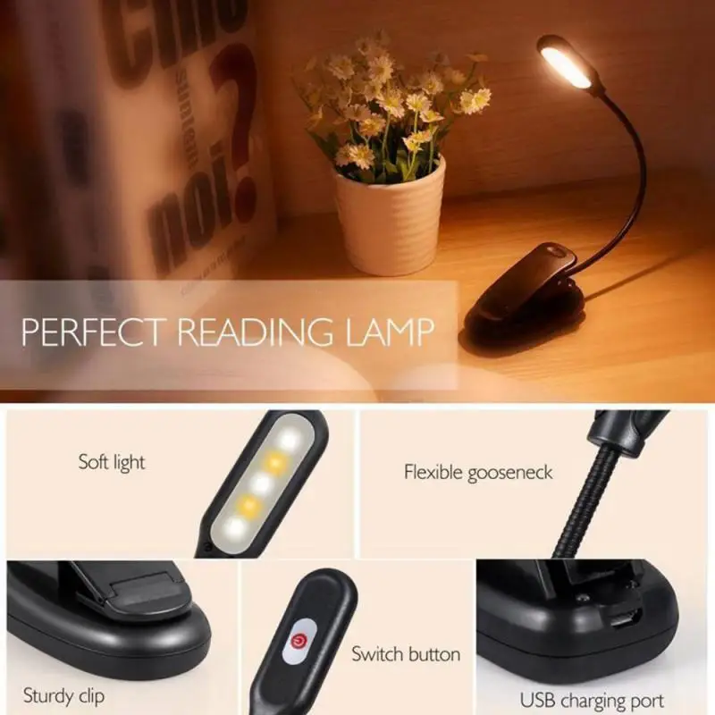 110LM книжный светильник USB Перезаряжаемый гибкий 1 Вт 5 светодиодный светильник для чтения с клипсой 3 режима яркости музыкальная настольная лампа