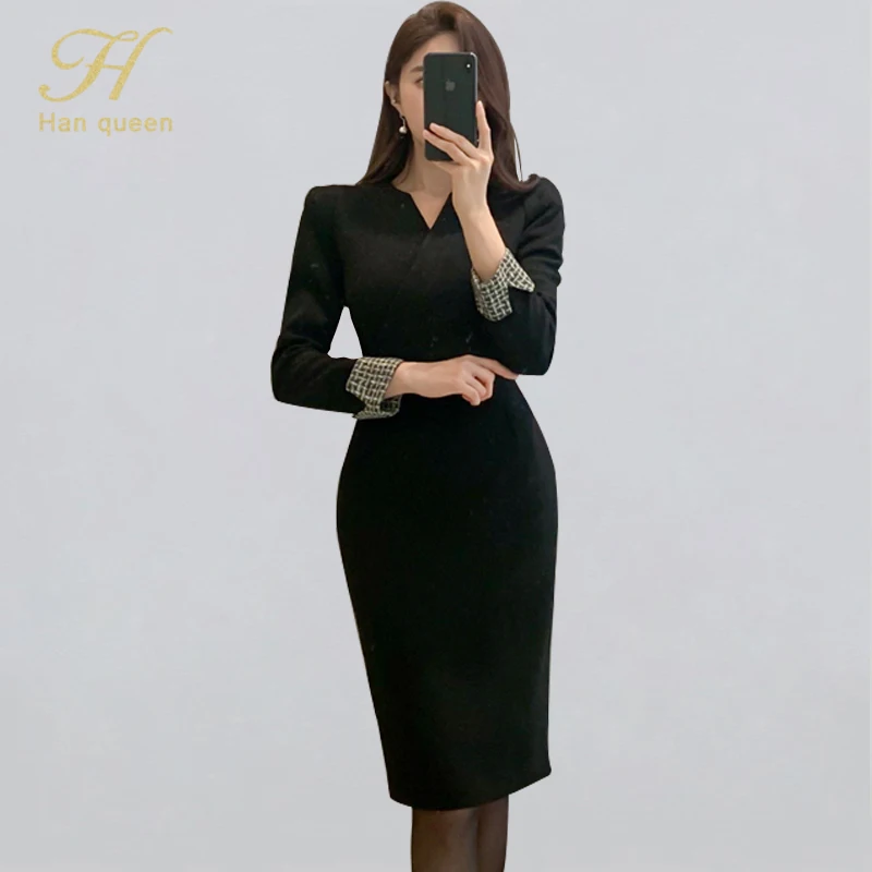 H Han queen, корейское, весна, черное, новинка, Ретро стиль, сексуальное платье, для женщин, для офиса, для работы, туника, бодикон, облегающее, повседневное, платье-карандаш