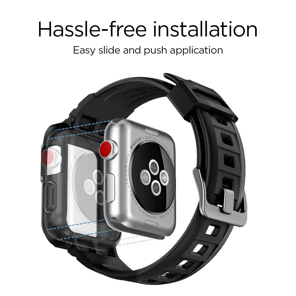 Spigen Чехол-Броня с оптическим датчиком для Apple Watch серии 3/2/1 38 мм-мягкий гибкий чехол из ТПУ матовый черный Защитный чехол+ повязка, 058CS22407