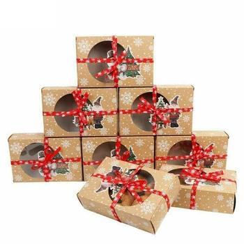 

24 Pcs Kraft Paper Christmas Cookie Gift Boxes with Clear Window 18X12X5cm New Year Favors Boxes for Cookies Treats